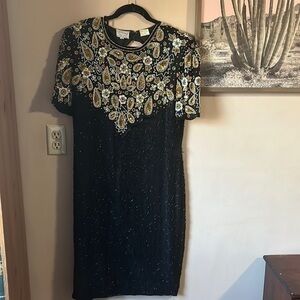 Vintage Stenay Black Sequin Beaded Silk Midi Dress Size 10 Flapper